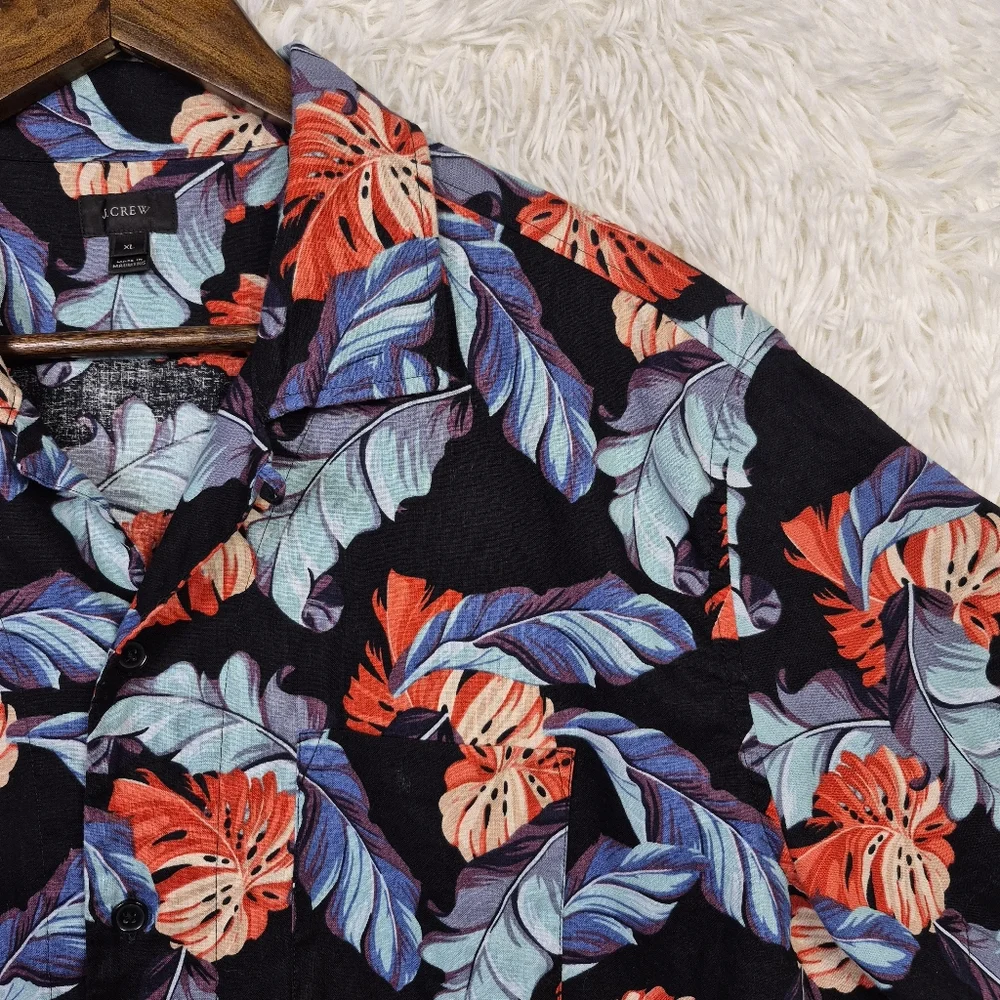 J Crew Mens‎ XL Camp Collar Linen Blend Tropical Print Shirt Beachy Resort